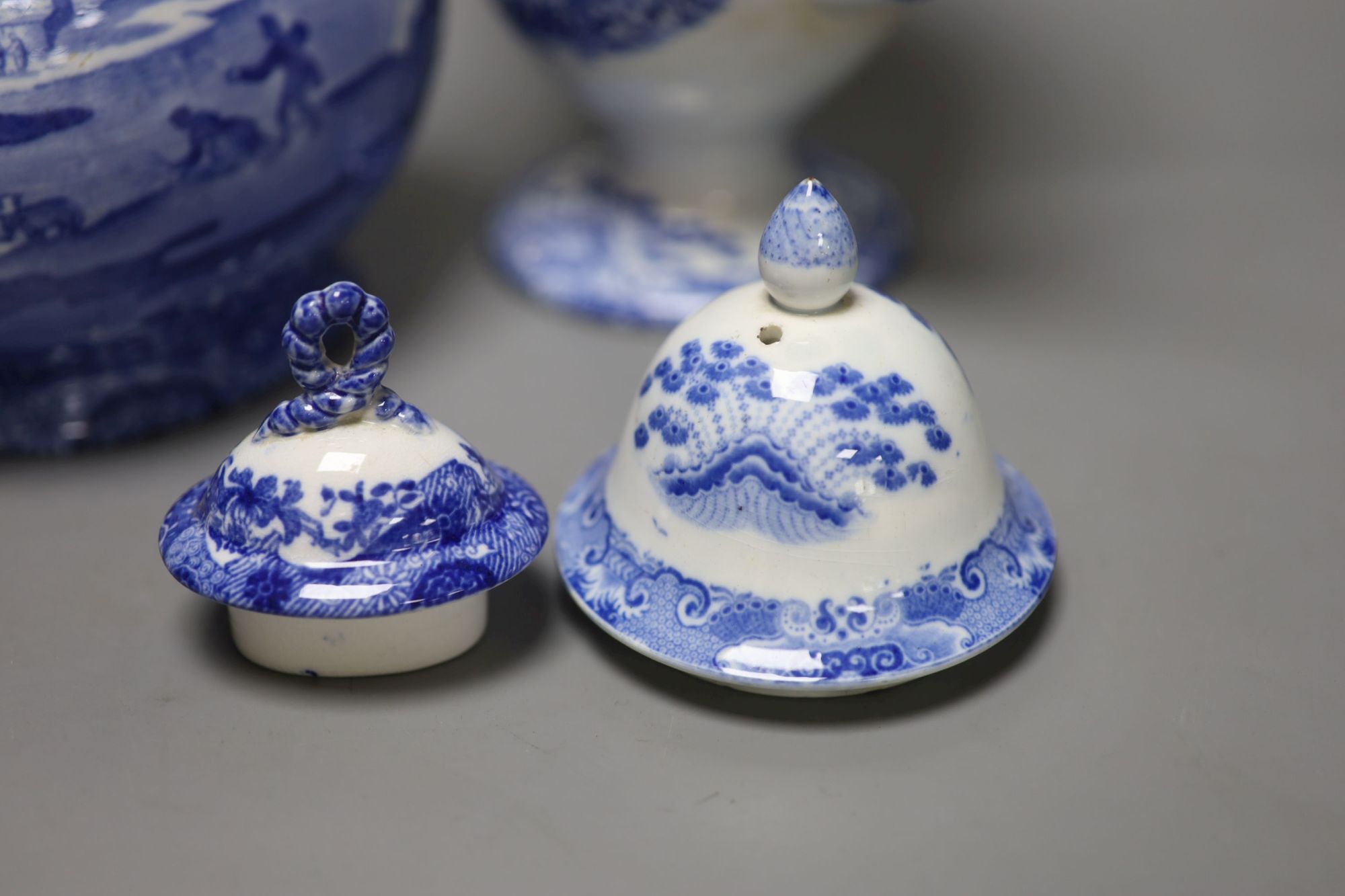 A Staffordshire pearlware blue and white pottery coffee pot and a Copeland Spode pilgrim flask, tallest 31cm